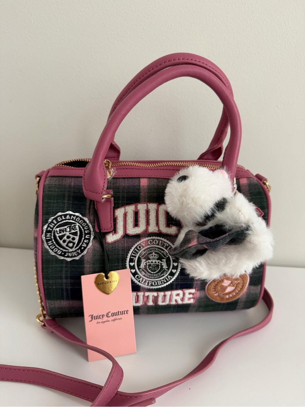 Juicy Couture Pink Plaid Crossbody Satchel with Plush Charm